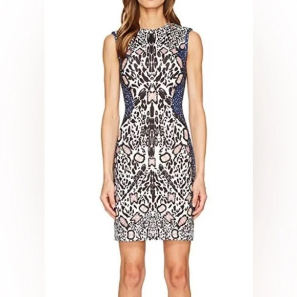 Yigal Azrouel Scuba Dress Cheetah Watercolor Print Sleeveless in Jet Multi - 6 - Picture 1 of 9
